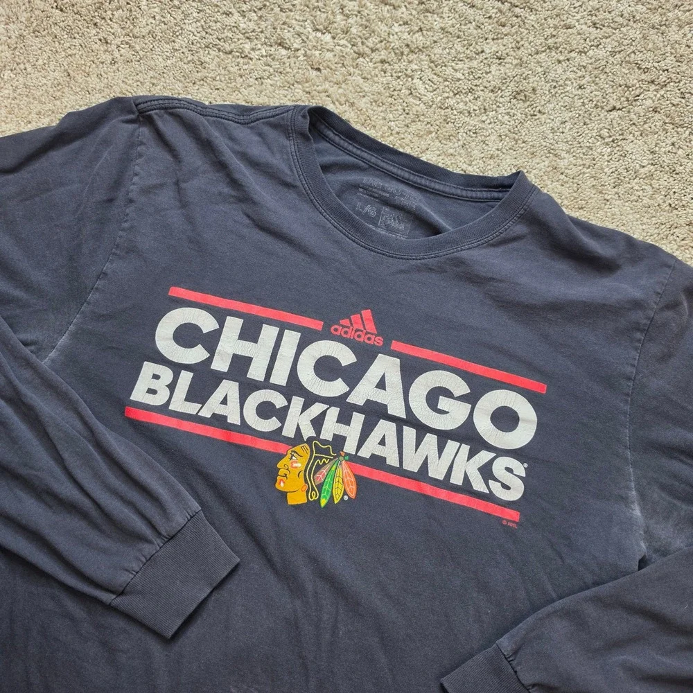 Adidas Chicago Blackhawks Shirt Mens Large Black Athletic Hockey NHL Long Sleeve